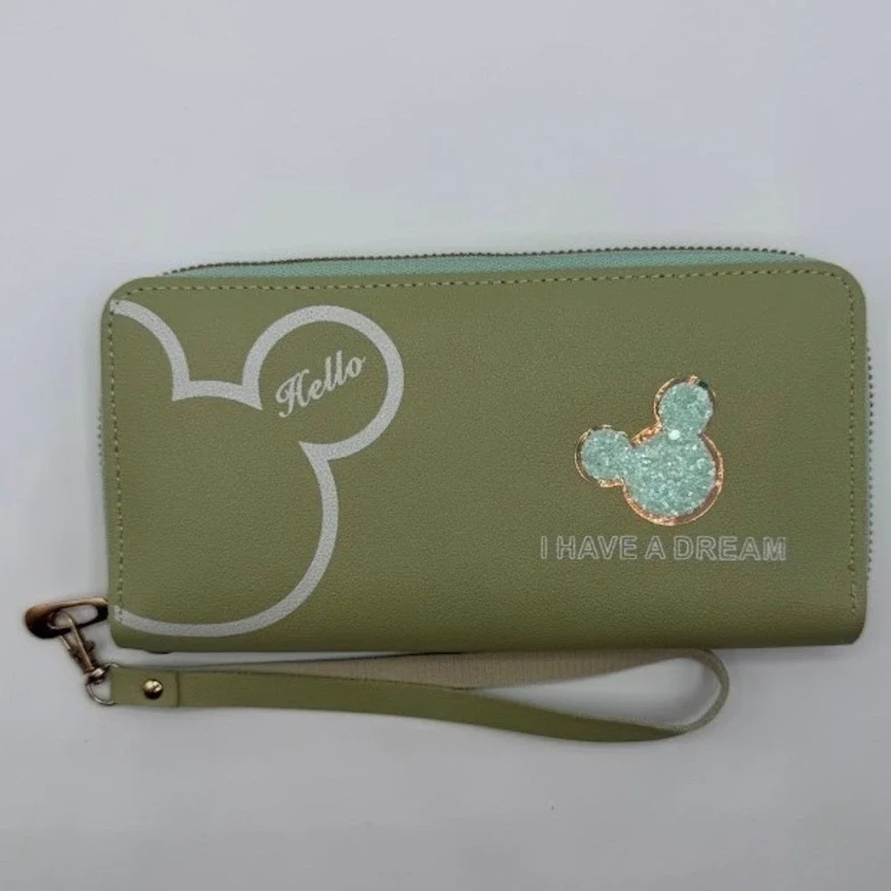 Disney Mickey Mouse Hello I Have A Dream Green Faux Leather Wristlet Wallet Zip